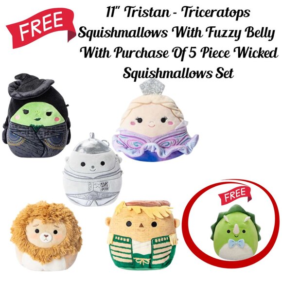 New W/Tags Set 5 Piece Wicked Squishmallows With Free 11" Triceratops - Picture 1 of 8